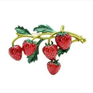 Red Strawberry Enamel Brooch Pin Stunning Vine Leaf Coat Scarf Lapel Vine Fruit